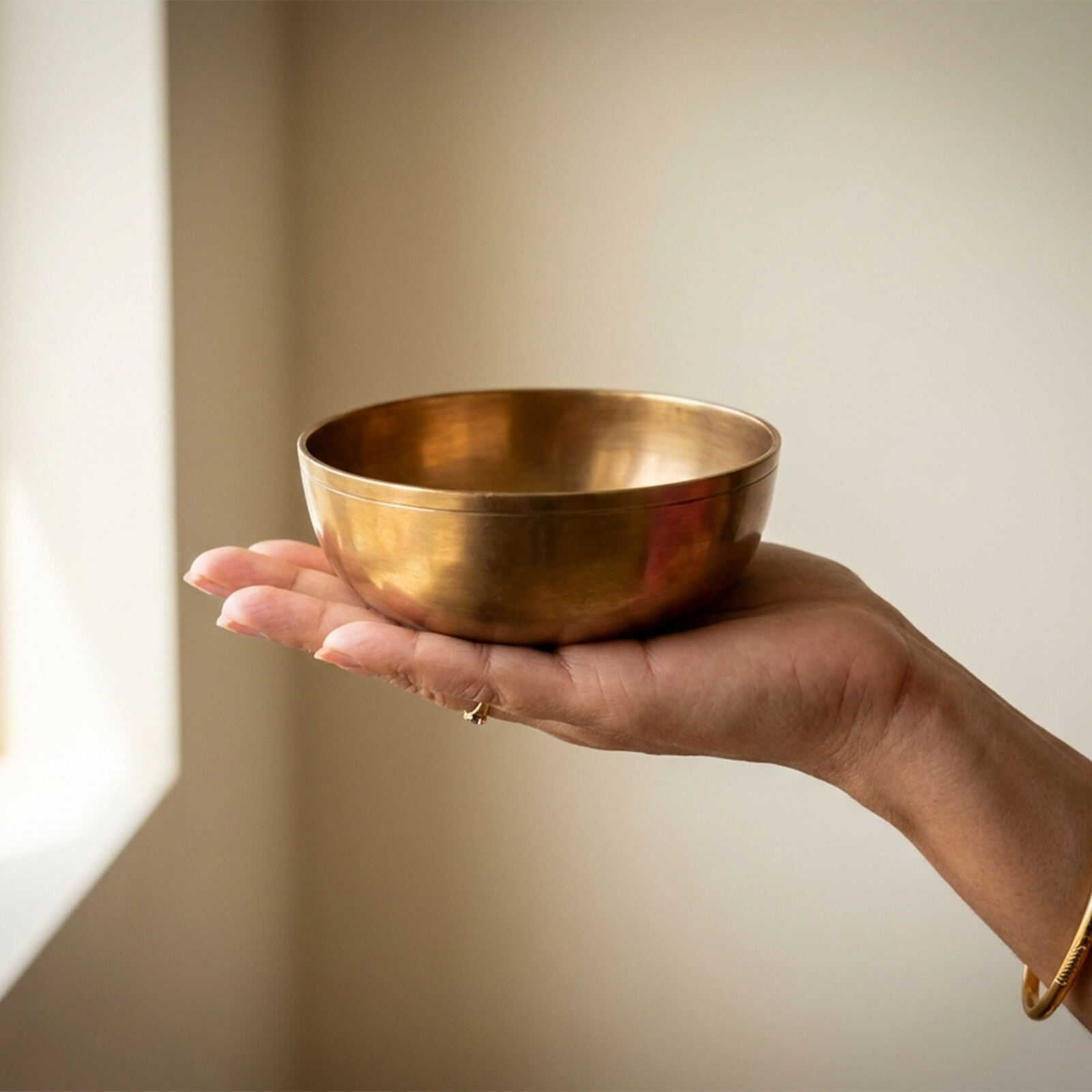 Woman holding brass bowl